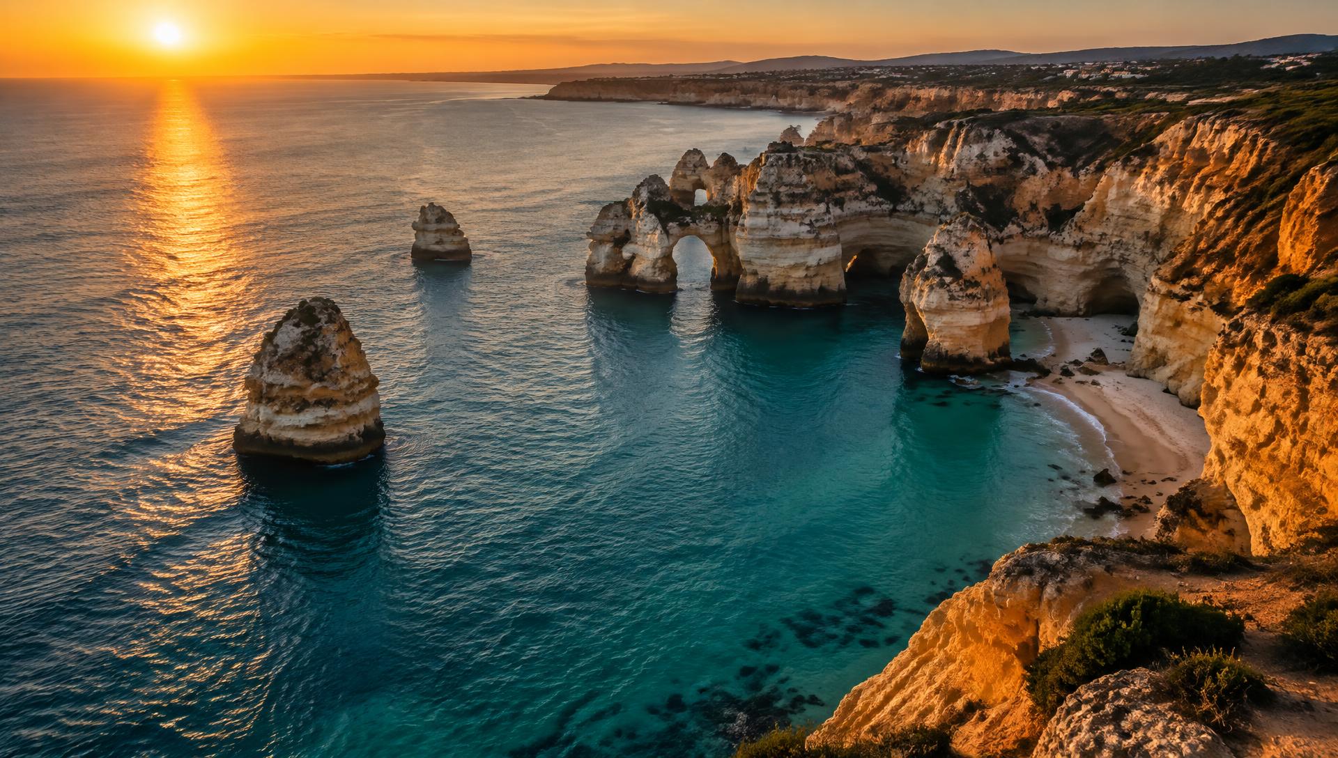 Vista aérea das falésias douradas e mar turquesa do Algarve ao pôr do sol