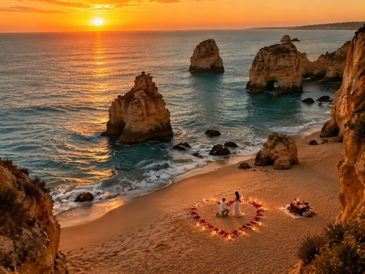 Pedido de casamento na praia ao pôr do sol